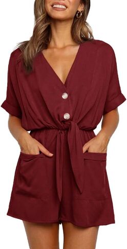 Ivay Womens V Neck Button Rompers Knot Tie Short Sleeve Sexy Loose Playsuit Jumpsuit with Pockets in Kuwait
