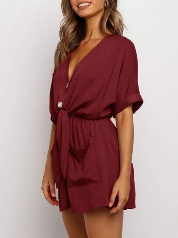 Ivay Womens V Neck Button Rompers Knot Tie Short Sleeve Sexy Loose Playsuit Jumpsuit with Pockets in Kuwait