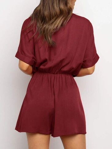 Ivay Womens V Neck Button Rompers Knot Tie Short Sleeve Sexy Loose Playsuit Jumpsuit with Pockets in Kuwait