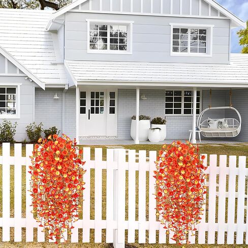 Artificial Hanging Flowers for Outdoor, 2pcs Fake Plants Long Vine Morning Glory Eucalyptus, UV Resistant Realistic Faux Greenery Indoor Outside Patio Porch Garden Spring Decor, Purple in Kuwait