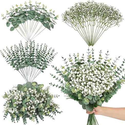 Serwalin 100 Pcs Mixed Artificial Eucalyptus Stems,Babys Breath Artificial Flowers Bulk with Faux Eucalyptus Leaves Greenery Stems for Wedding DIY Bouquets Floral Arrangement Home Decor in Kuwait