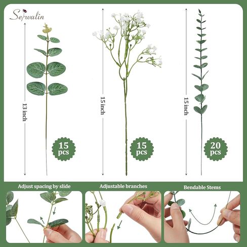 Serwalin 100 Pcs Mixed Artificial Eucalyptus Stems,Babys Breath Artificial Flowers Bulk with Faux Eucalyptus Leaves Greenery Stems for Wedding DIY Bouquets Floral Arrangement Home Decor in Kuwait