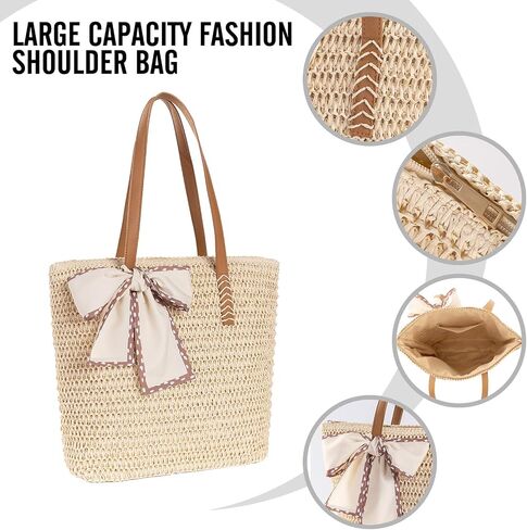 Large Straw Beach Bag: Women's Handwoven Tote with Zipper Pocket - 2025 Lightweight Summer Purse for Travel & Work in Saudi Arabia