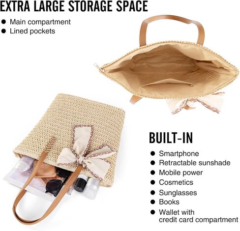 Large Straw Beach Bag: Women's Handwoven Tote with Zipper Pocket - 2025 Lightweight Summer Purse for Travel & Work in Saudi Arabia