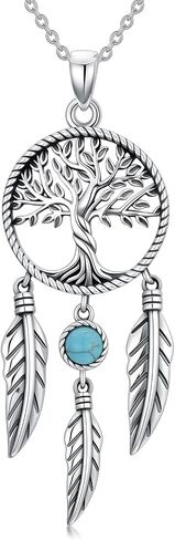 Dream Catcher Necklace 925 Sterling Silver Genuine Turquoise Tree of Life Tassel Feather Dreamcatcher Pendant Talisman Jewelry Gift for Women in Saudi Arabia