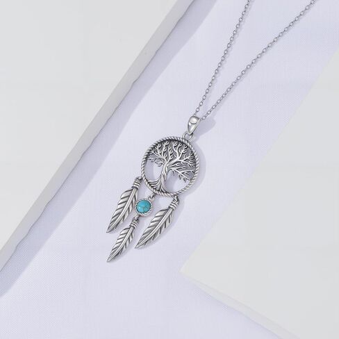 Dream Catcher Necklace 925 Sterling Silver Genuine Turquoise Tree of Life Tassel Feather Dreamcatcher Pendant Talisman Jewelry Gift for Women in Saudi Arabia