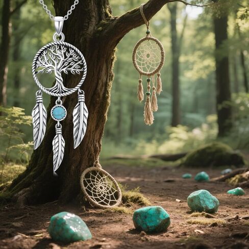 Dream Catcher Necklace 925 Sterling Silver Genuine Turquoise Tree of Life Tassel Feather Dreamcatcher Pendant Talisman Jewelry Gift for Women in Saudi Arabia