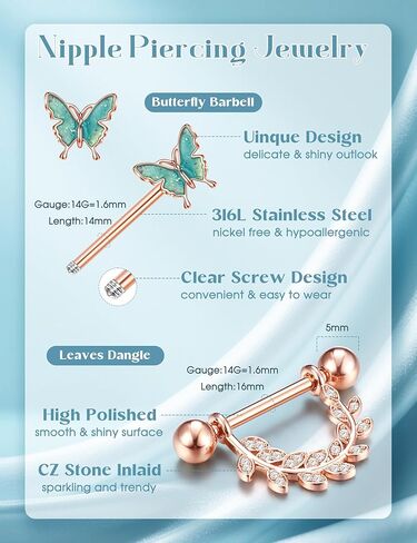 Besteel 7 Pairs Nipple Piercing Jewelry Stainless Surgical Steel Nipple Rings Set Cute CZ Ball Heart Butterfly Snake Tongue Belly Barbell Body Jewelry for Women 14G in Kuwait