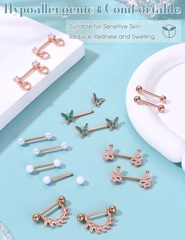 Besteel 7 Pairs Nipple Piercing Jewelry Stainless Surgical Steel Nipple Rings Set Cute CZ Ball Heart Butterfly Snake Tongue Belly Barbell Body Jewelry for Women 14G in Kuwait