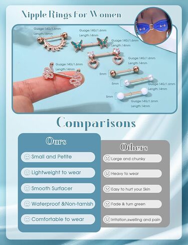 Besteel 7 Pairs Nipple Piercing Jewelry Stainless Surgical Steel Nipple Rings Set Cute CZ Ball Heart Butterfly Snake Tongue Belly Barbell Body Jewelry for Women 14G in Kuwait