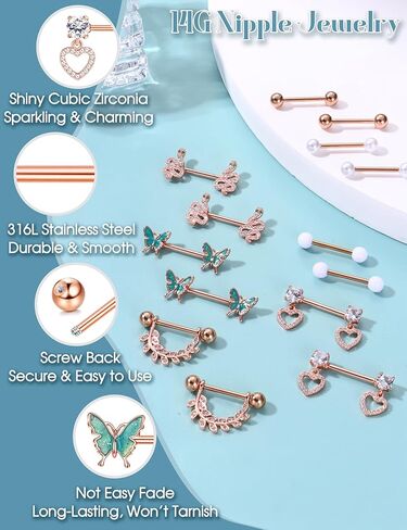 Besteel 7 Pairs Nipple Piercing Jewelry Stainless Surgical Steel Nipple Rings Set Cute CZ Ball Heart Butterfly Snake Tongue Belly Barbell Body Jewelry for Women 14G in Kuwait