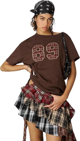 Aelfric Eden Off The Shoulder Tops for Women Summer Sexy Graphic T Shirts Short Sleeve Number Embroidery Tee in Saudi Arabia