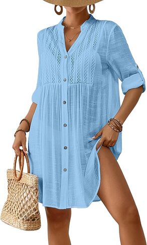 Bsubseach Womens Beach Cover Ups V Neck Button Down Swimsuit Coverup 2025 Summer Lace Splicing Shirt Dresses in Kuwait