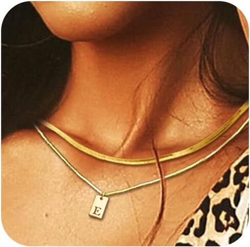 RechicGu 2pcs, Gold Initial Necklaces for Women, 14K Gold Plated Letter Necklace, 2 Layered Choker A-Z Pendant Herringbone Box Chain Dainty Necklace Tag Personalized Name Stack Jewelry Gift in Saudi Arabia