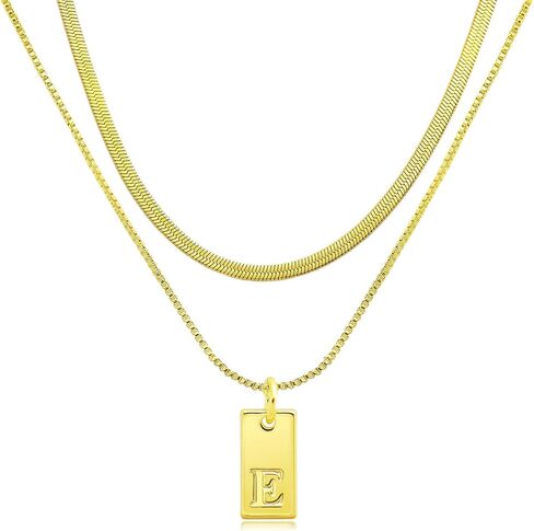 RechicGu 2pcs, Gold Initial Necklaces for Women, 14K Gold Plated Letter Necklace, 2 Layered Choker A-Z Pendant Herringbone Box Chain Dainty Necklace Tag Personalized Name Stack Jewelry Gift in Saudi Arabia
