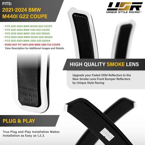 USR 21-24 G22 4 Series Side Side Reflector-زوج عاكس جانبي الأمامي (يسار + يمين)-متوافق مع 2021-2024 BMW 430i / M440i G22 / Bimmer 2 Door Coupe Trims / 2023 M4 (عوامل العدسات الدخان) in Saudi Arabia