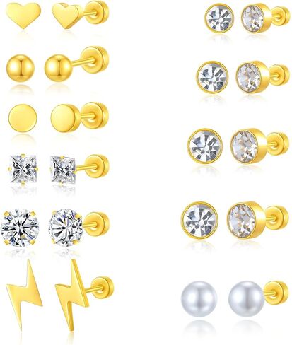 Pearl Stud Earrings Set for Women, Hypoallergenic Heart Ball Studs Pack 316L Stainless Steel CZ Earrings 3-8mm, Silver in Kuwait