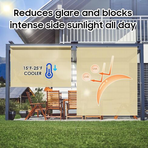 96" W x 72" L Outdoor Roller Shades - Extra Large UV Protection Blinds for Pergola/Gazebo, Cordless Design & Energy Efficient Patio Cover, Beige in Saudi Arabia