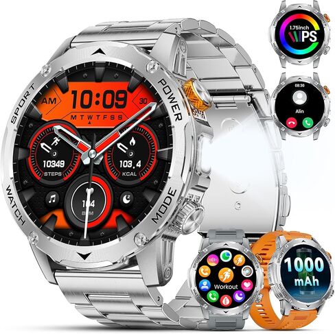 Military Smart Watch for Men 1000 mAh Battery/3 Bands/Flashlight,1.75'' HD Display Smart Watch with Call,IP68 Waterproof Fitness Tracker with Heart Rate,Sleep Monitor,100+ Sport Modes,for iOS Android in Saudi Arabia