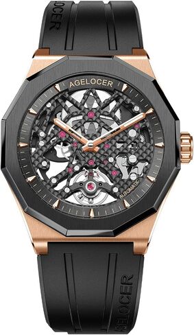 AGELOCER Automatic Mechanical Movement Watches, Skeleton Men Business Watch Rubber Strap Luminous Men Stainless Steel Wristwatch in Kuwait
