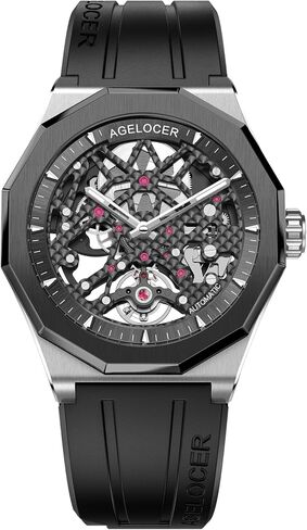AGELOCER Automatic Mechanical Movement Watches, Skeleton Men Business Watch Rubber Strap Luminous Men Stainless Steel Wristwatch in Kuwait