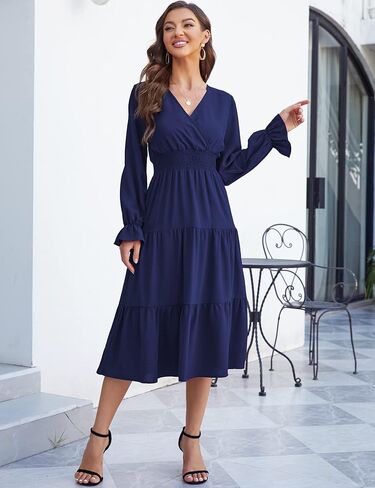 KOJOOIN Women's Casual Wrap V Neck Midi Dress Long Sleeve Smocked Waist Tiered A Line Pleated Flowy Long Dress Deep Burgundy M- in Kuwait