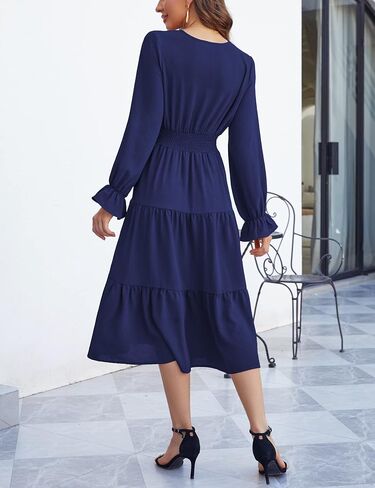 KOJOOIN Women's Casual Wrap V Neck Midi Dress Long Sleeve Smocked Waist Tiered A Line Pleated Flowy Long Dress Deep Burgundy M- in Kuwait