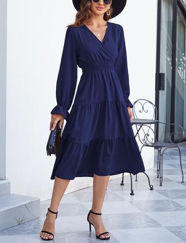 KOJOOIN Women's Casual Wrap V Neck Midi Dress Long Sleeve Smocked Waist Tiered A Line Pleated Flowy Long Dress Deep Burgundy M- in Kuwait