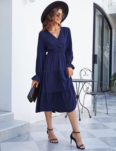 KOJOOIN Women's Casual Wrap V Neck Midi Dress Long Sleeve Smocked Waist Tiered A Line Pleated Flowy Long Dress Deep Burgundy M- in Kuwait