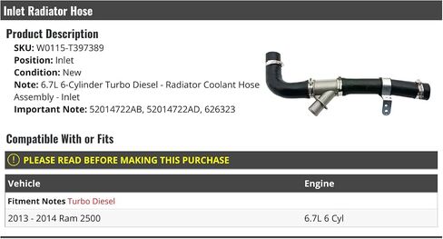 Inlet Radiator Hose - Compatible with 2013-2014 Ram 2500 6.7L 6-Cylinder Turbo Diesel in Saudi Arabia