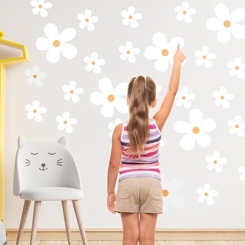12 Sheets Classic White Daisy Flowers Wall Stickers, Peel and Stick Floral Decor, Large Daisy Floral Nursery Bedroom Living Room Wall Decor for Kids Girls Teens in Saudi Arabia