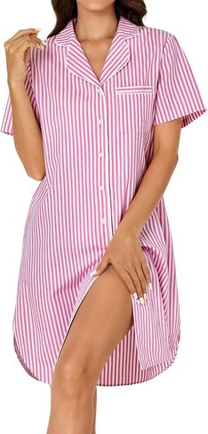 Rooscier Women's Cotton Striped Nightshirt Collar V Neck Short Sleeve Nightgown Button Down Nightdress in Saudi Arabia