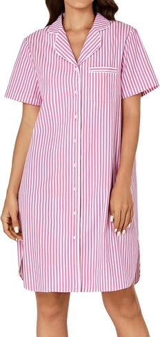 Rooscier Women's Cotton Striped Nightshirt Collar V Neck Short Sleeve Nightgown Button Down Nightdress in Saudi Arabia