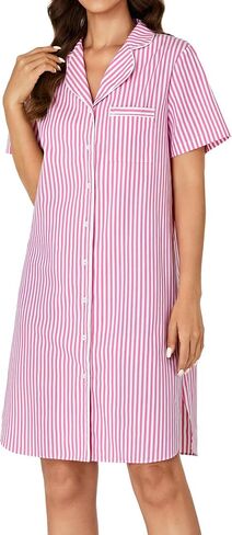 Rooscier Women's Cotton Striped Nightshirt Collar V Neck Short Sleeve Nightgown Button Down Nightdress in Saudi Arabia