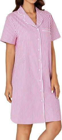 Rooscier Women's Cotton Striped Nightshirt Collar V Neck Short Sleeve Nightgown Button Down Nightdress in Saudi Arabia