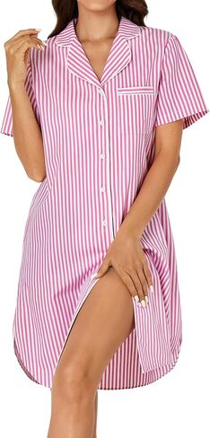 Rooscier Women's Cotton Striped Nightshirt Collar V Neck Short Sleeve Nightgown Button Down Nightdress in Saudi Arabia