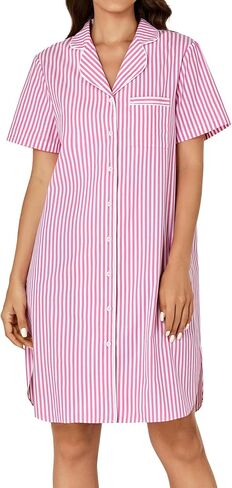 Rooscier Women's Cotton Striped Nightshirt Collar V Neck Short Sleeve Nightgown Button Down Nightdress in Saudi Arabia