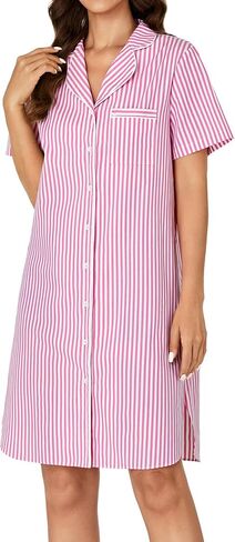 Rooscier Women's Cotton Striped Nightshirt Collar V Neck Short Sleeve Nightgown Button Down Nightdress in Saudi Arabia