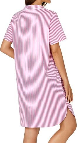 Rooscier Women's Cotton Striped Nightshirt Collar V Neck Short Sleeve Nightgown Button Down Nightdress in Saudi Arabia