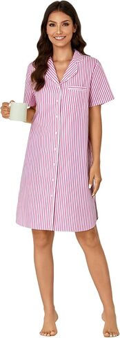 Rooscier Women's Cotton Striped Nightshirt Collar V Neck Short Sleeve Nightgown Button Down Nightdress in Saudi Arabia