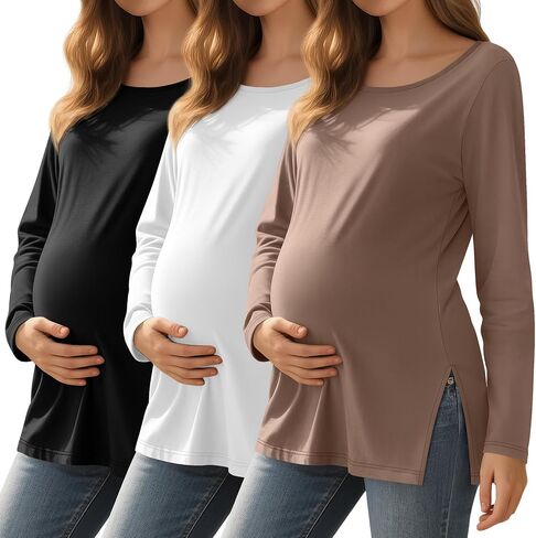 RIYIPER 3 Pack Women's Gaternity Sleeve Dertts Round Dound Side Side Tops Tops Lourd in Kuwait