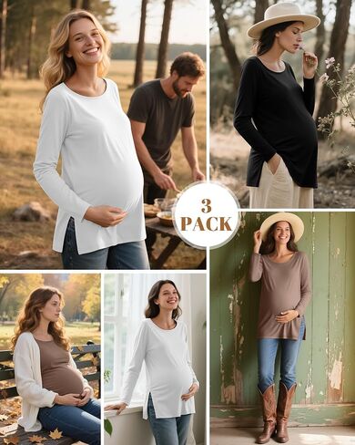 RIYIPER 3 Pack Women's Gaternity Sleeve Dertts Round Dound Side Side Tops Tops Lourd in Kuwait