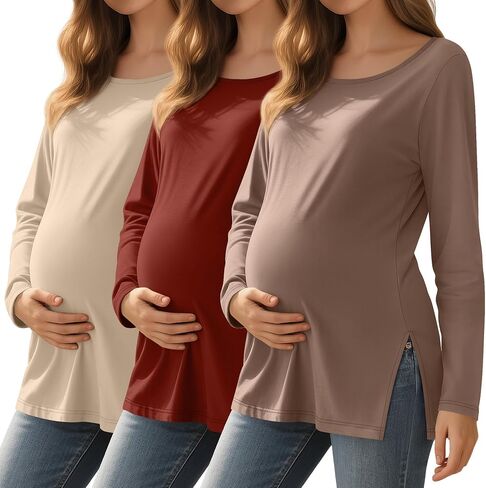 RIYIPER 3 Pack Women's Gaternity Sleeve Dertts Round Dound Side Side Tops Tops Lourd in Kuwait