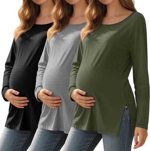 RIYIPER 3 Pack Women's Gaternity Sleeve Dertts Round Dound Side Side Tops Tops Lourd in Kuwait