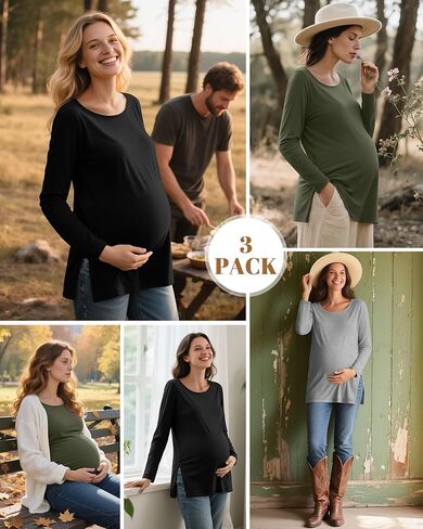 RIYIPER 3 Pack Women's Gaternity Sleeve Dertts Round Dound Side Side Tops Tops Lourd in Kuwait