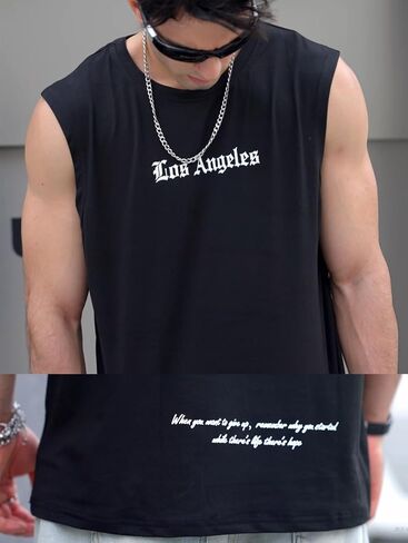 Oyoangle Men's Letter Praphic Print Tank Top Crew Neck Clisteress Tops Summer Tops Streetwear in Kuwait