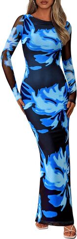PRETTYGARDEN Bodycon Maxi Dress 2025 Fall Floral Long Sleeve Sexy Mesh Cocktail Wedding Guest Long Dresses in Saudi Arabia