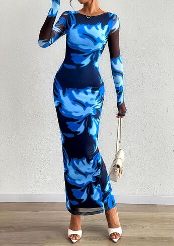 PRETTYGARDEN Bodycon Maxi Dress 2025 Fall Floral Long Sleeve Sexy Mesh Cocktail Wedding Guest Long Dresses in Saudi Arabia