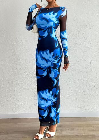 PRETTYGARDEN Bodycon Maxi Dress 2025 Fall Floral Long Sleeve Sexy Mesh Cocktail Wedding Guest Long Dresses in Saudi Arabia