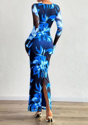 PRETTYGARDEN Bodycon Maxi Dress 2025 Fall Floral Long Sleeve Sexy Mesh Cocktail Wedding Guest Long Dresses in Saudi Arabia